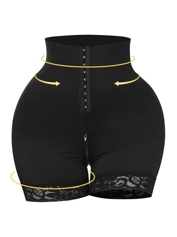 Women's Solid Zipper Contrast Lace Trim Shapewear Shorts, Casual Tummy Control High Waist Butt Lift Shapewear Shorts, Women's Shapewear