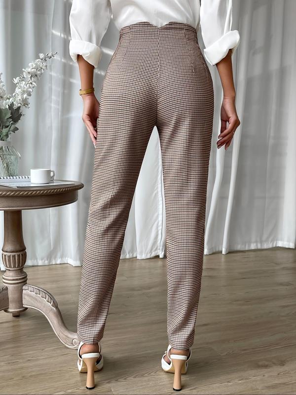 Women's Plaid Print Button Fly Pants, Casual Slim Fit High Waist Trousers for Spring & Fall, Women's Bottoms for Daily Wear