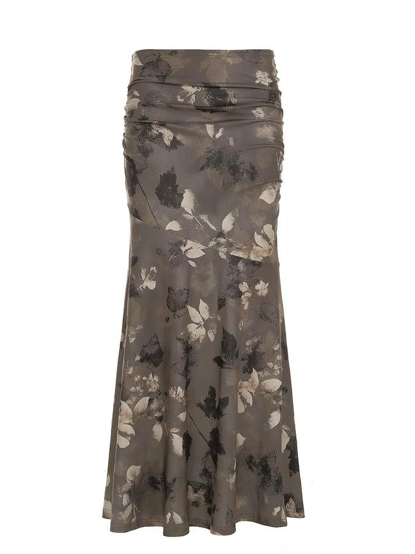 Women's Leaf Print Ruched Mermaid Skirt,  Retro Fish Tail Skirt for Party Holiday Vacation, Ladies Fall & Winter Bottoms