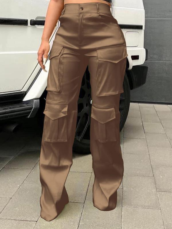 Women's Plain High Waist Cargo Pants, Casual Retro Button Pocket Trousers for Daily Wear, Ladies Bottoms for All Seasons