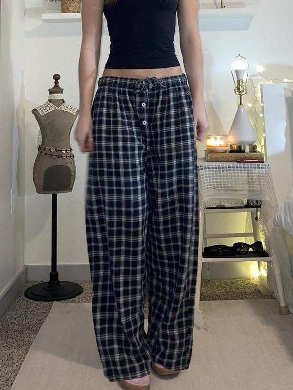 Women's Plaid Print Fake Buttons Drawstring Waist Pants, Y2K Fashion Comfy Straight Leg Trousers for Daily Wear, Ladies Bottoms for Spring & Fall