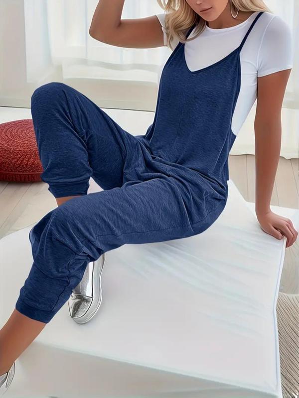 Women's Plain Pocket V Neck Overalls Jumpsuit without Tee, Mufti Clothes, Sleeveless Spaghetti Strap Cami Overalls Jumpsuit for Women, Back To School Outfits, Ladies Clothes, Summer One-piece Outfits, Black Girl Outfits