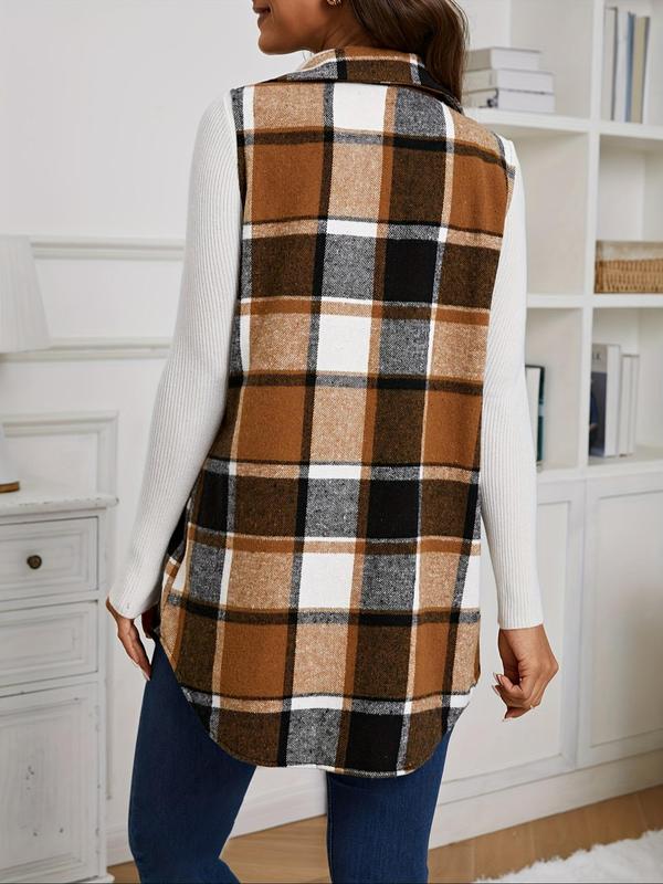 Women's Plaid Print Button Front Pocket Vest Coat, Casual Sleeveless Collared Outerwear for Daily Wear, Ladies Clothes for All Seasons