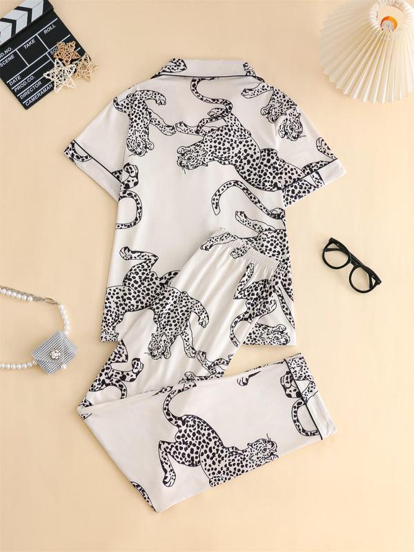 Women's All Over Animal Print Contrast Binding Lapel Neck Pajama, Casual Comfy Short Sleeve Pocket Shirt & Pants Pj Set, Ladies Sleepwear for Spring