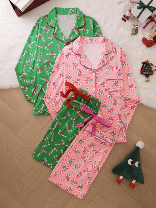 Women's All Over Candy Cane Print Pajama Two-Piece Set, Casual Comfy Lapel Neck Long Sleeve Top & Pants PJ Set, Women's Sleepwear for Spring & Fall