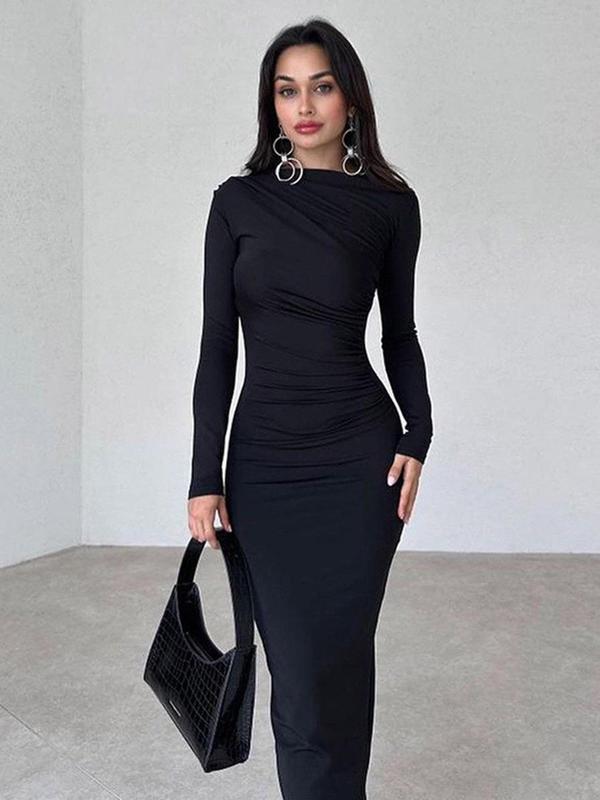 Women's Plain Ruched Split Hem Bodycon Dress, Casual Long Sleeve Long Dress for Party Dating Wear, Women's Clothing for Fall