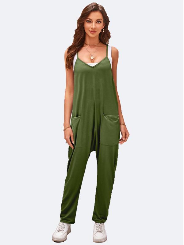 Women's Solid Color Pocket V Neck Overall Jumpsuit without Tube Top, Casual Basic Minimalist Comfort Adjustable Spaghetti Strap Sleeveless Overall Jumpsuit for Fall, Fashion Lady Back To School Clothing for Daily Wear, Womenswear  80s Fashion