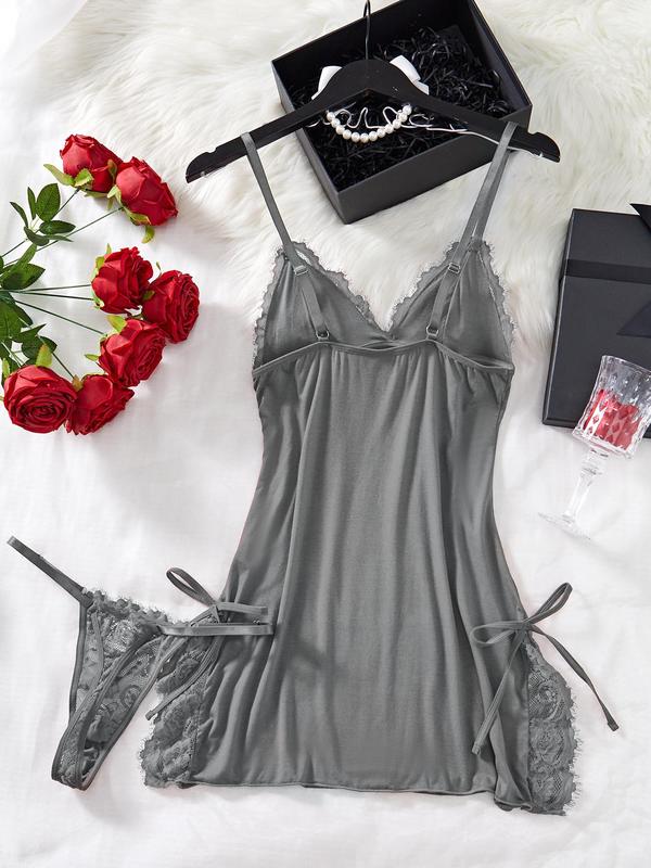 Women's Contrast Lace Split Hem Cami Nightdress & Thong Two-piece Set, Elegant Adjustable Spaghetti Strap Bow Decor Nightgown & Thong Set, Ladies Sleepwear for All Seasons