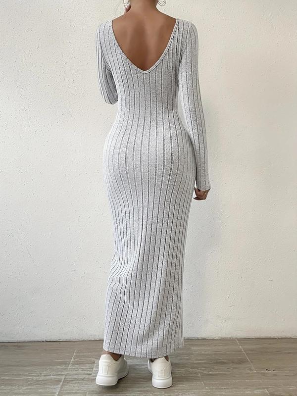 Women's Plain V Neck Ribbed Bodycon Dress, Casual Long Sleeve Long Dress for Spring & Fall, Ladies Clothes for Daily Wear