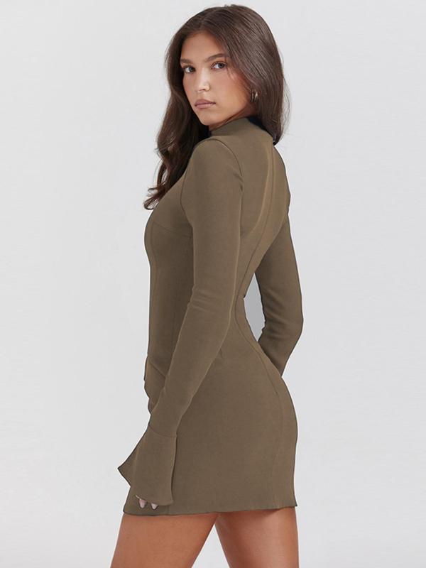 Women's Plain Flounce Sleeve Mock Neck Bodycon Dress, Elegant Fashion Long Sleeve Flap Detail Short Dress for Daily Outdoor Wear, Women Dress for Fall & Winter