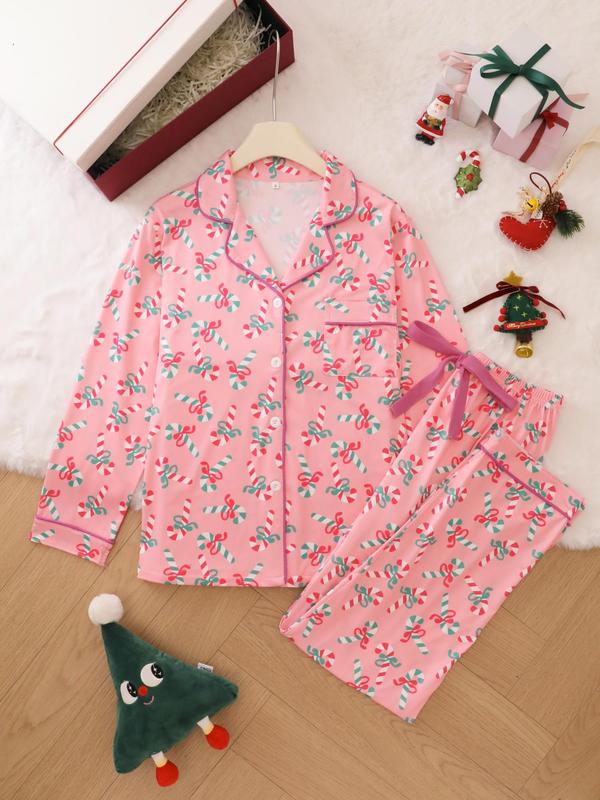 Women's All Over Candy Cane Print Pajama Two-Piece Set, Casual Comfy Lapel Neck Long Sleeve Top & Pants PJ Set, Women's Sleepwear for Spring & Fall