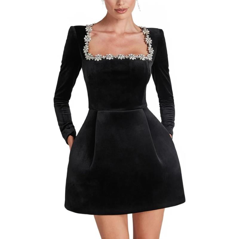 Women's Velvet Mini Dress Elegant Square Neck Rhinestone Splicing Long Sleeve Slim A-line Dress with Pockets Christmas Party Party Collar Diamonds Short Velvet Dresses