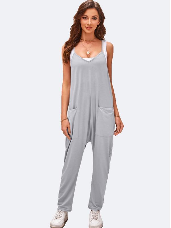 Women's Solid Color Pocket V Neck Overall Jumpsuit without Tube Top, Casual Basic Minimalist Comfort Adjustable Spaghetti Strap Sleeveless Overall Jumpsuit for Fall, Fashion Lady Back To School Clothing for Daily Wear, Womenswear  80s Fashion