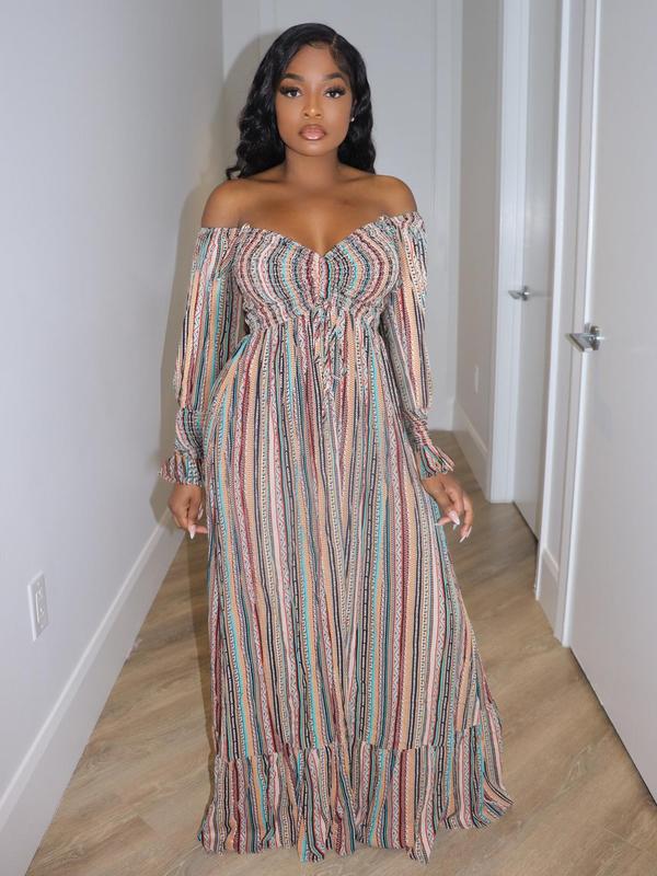 Women's Striped Print Off Shoulder Shirred Ruffle A Line Dress, Boho Flounce  Sleeve Maxi Dress for Fall & Winter, Women's Clothing for Daily Wear