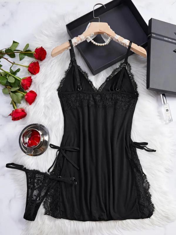 Women's Contrast Lace Split Hem Cami Nightdress & Thong Two-piece Set, Elegant Adjustable Spaghetti Strap Bow Decor Nightgown & Thong Set, Ladies Sleepwear for All Seasons