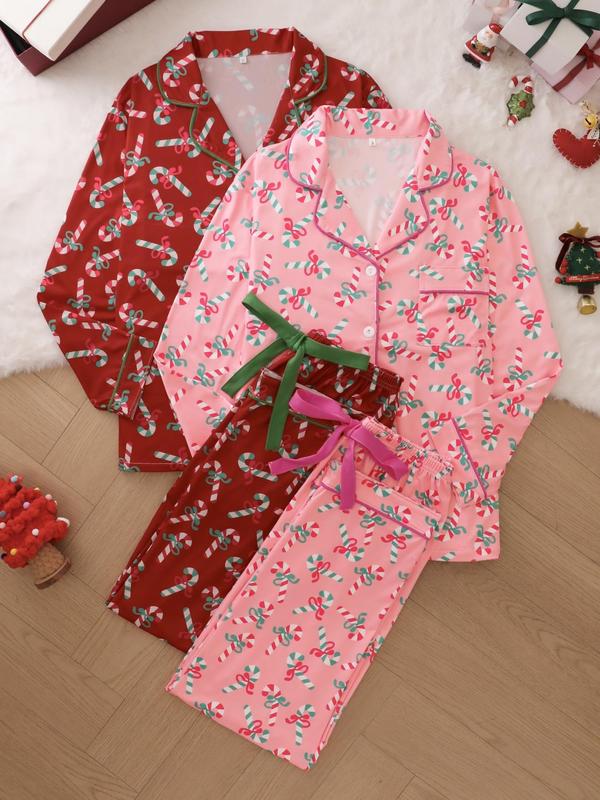 Women's All Over Candy Cane Print Pajama Two-Piece Set, Casual Comfy Lapel Neck Long Sleeve Top & Pants PJ Set, Women's Sleepwear for Spring & Fall