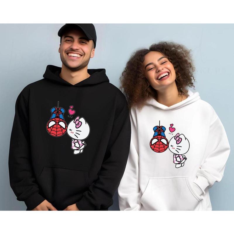 Kitty cat and hero hoodie Matching gift couple Gift for him Valentine's Day gift Cotton Womenswear Anniversary Printed Casual Clothing, Full Sizes, Full Colors, Unisex Streetwear Outfits