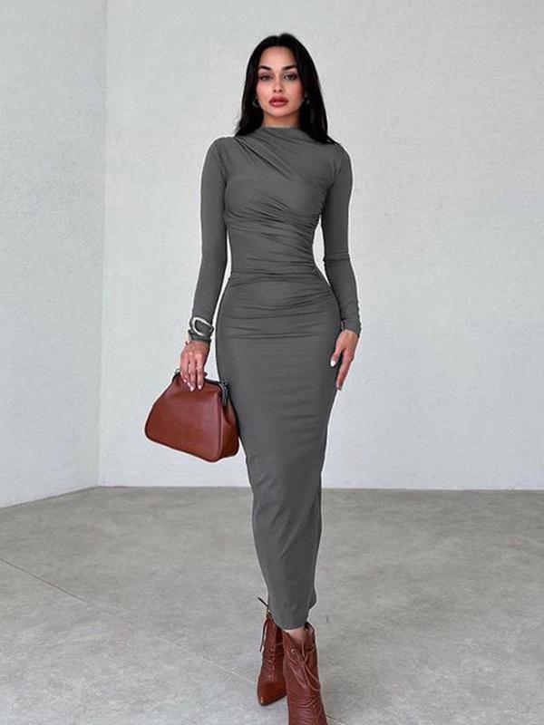 Women's Plain Ruched Split Hem Bodycon Dress, Casual Long Sleeve Long Dress for Party Dating Wear, Women's Clothing for Fall