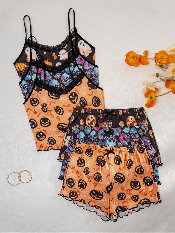 Women's Pumpkin & Skull Print Sleeveless Cami Top & Lettuce Trim Shorts Pajama Two-piece Set, Fall Wear 2024, Lady Casual Comfortable Halloween Lounge Sets, Pajama Set Women, Christmas Pajamas, Womenswear Pajamas Downtown Girl Wear