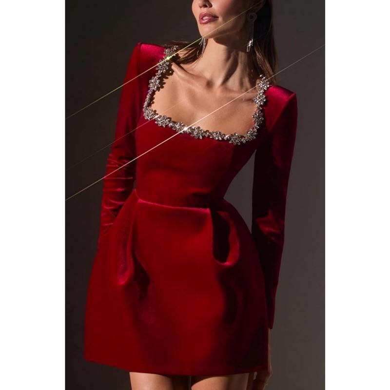 Women's Velvet Mini Dress Elegant Square Neck Rhinestone Splicing Long Sleeve Slim A-line Dress with Pockets Christmas Party Party Collar Diamonds Short Velvet Dresses