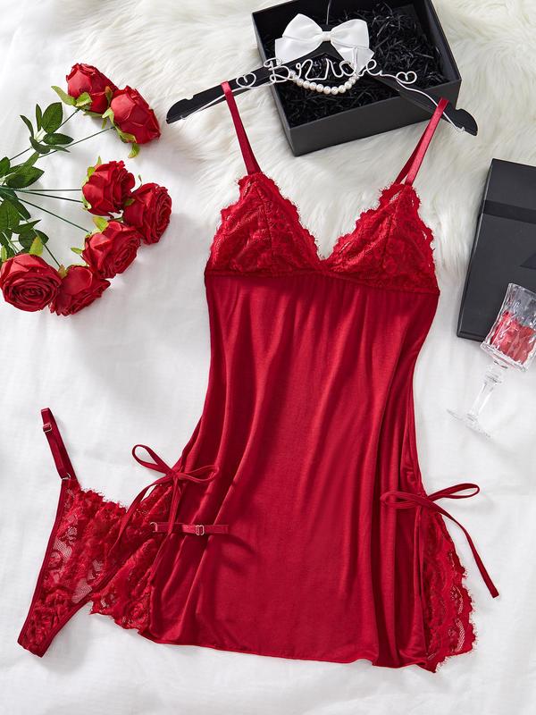 Women's Contrast Lace Split Hem Cami Nightdress & Thong Two-piece Set, Elegant Adjustable Spaghetti Strap Bow Decor Nightgown & Thong Set, Ladies Sleepwear for All Seasons