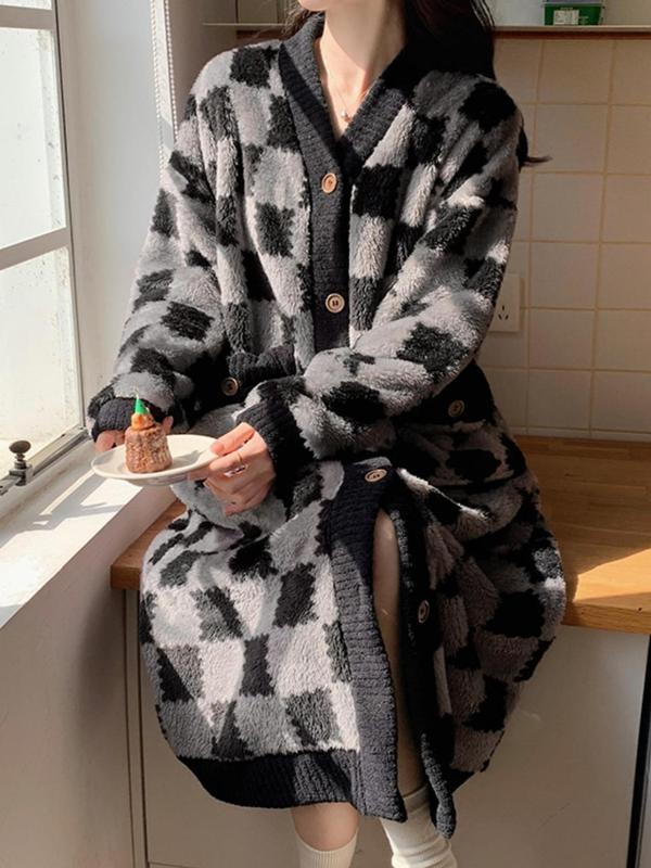 Women's Plaid Print Button Front Flannel Bathrobe, Casual Drop Shoulder Long Sleeve V Neck Pocket Robe, Ladies Sleepwear for Fall & Winter