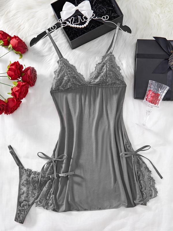 Women's Contrast Lace Split Hem Cami Nightdress & Thong Two-piece Set, Elegant Adjustable Spaghetti Strap Bow Decor Nightgown & Thong Set, Ladies Sleepwear for All Seasons