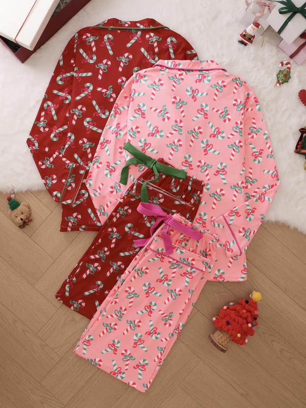 Women's All Over Candy Cane Print Pajama Two-Piece Set, Casual Comfy Lapel Neck Long Sleeve Top & Pants PJ Set, Women's Sleepwear for Spring & Fall