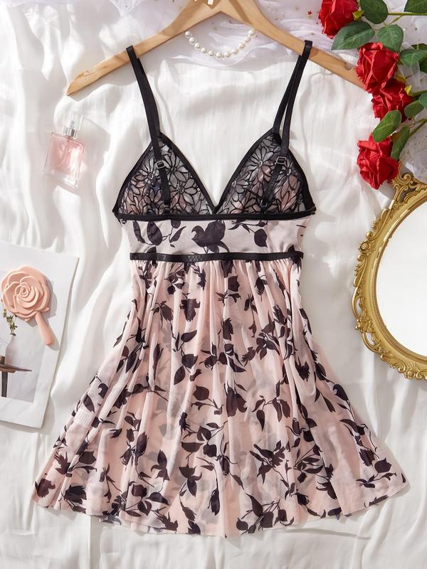 Women's Floral Print Tie Front Cami Nightdress, Sexy Adjustable Spaghetti Strap Backless Nightgown, Soft Comfortable Sleepwear for Women