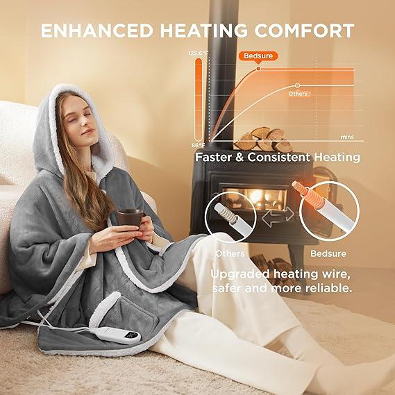 Bedsure Heated & Non-Heated Wearable Blanket Hoodie with Giant Pocket ,Oversized Hood,Elasticated Cuffs, Utra-Soft Flannel&Sherpa Blankets,4 Time Settings,6 Heating Setting and 3 hrs Timer Auto Shut Off,Luxurious Christmas Gifts Comfort  Plush Womenswear