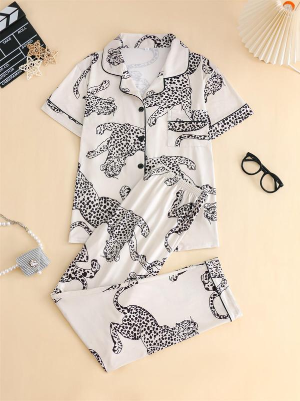 Women's All Over Animal Print Contrast Binding Lapel Neck Pajama, Casual Comfy Short Sleeve Pocket Shirt & Pants Pj Set, Ladies Sleepwear for Spring