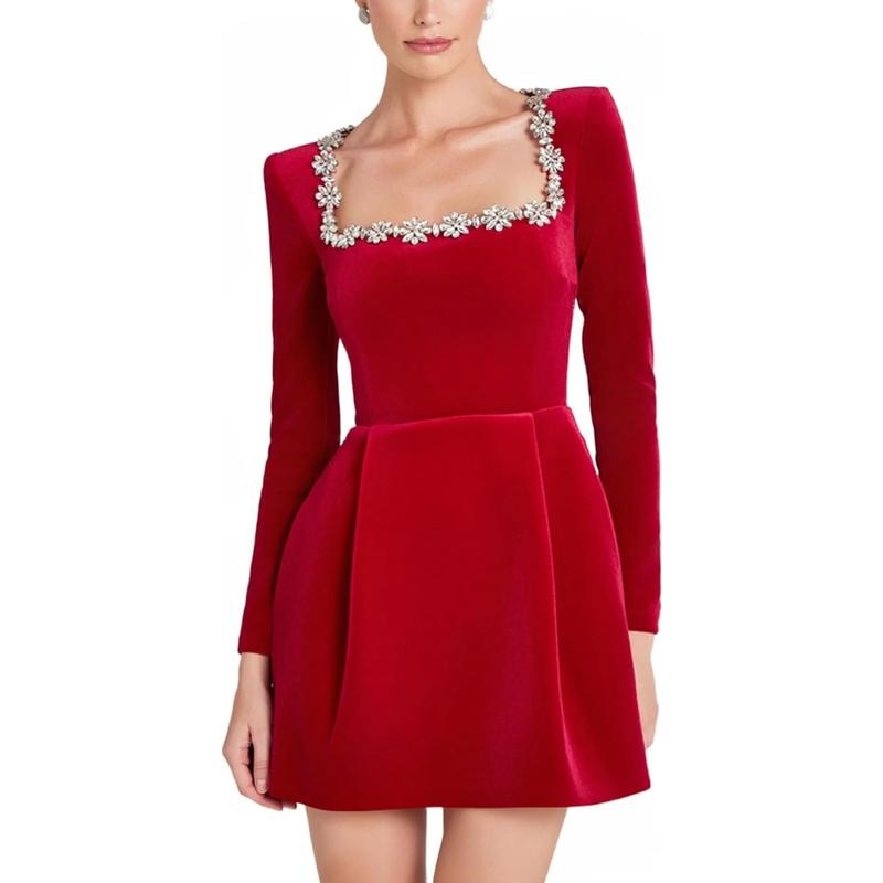 Women's Velvet Mini Dress Elegant Square Neck Rhinestone Splicing Long Sleeve Slim A-line Dress with Pockets Christmas Party Party Collar Diamonds Short Velvet Dresses