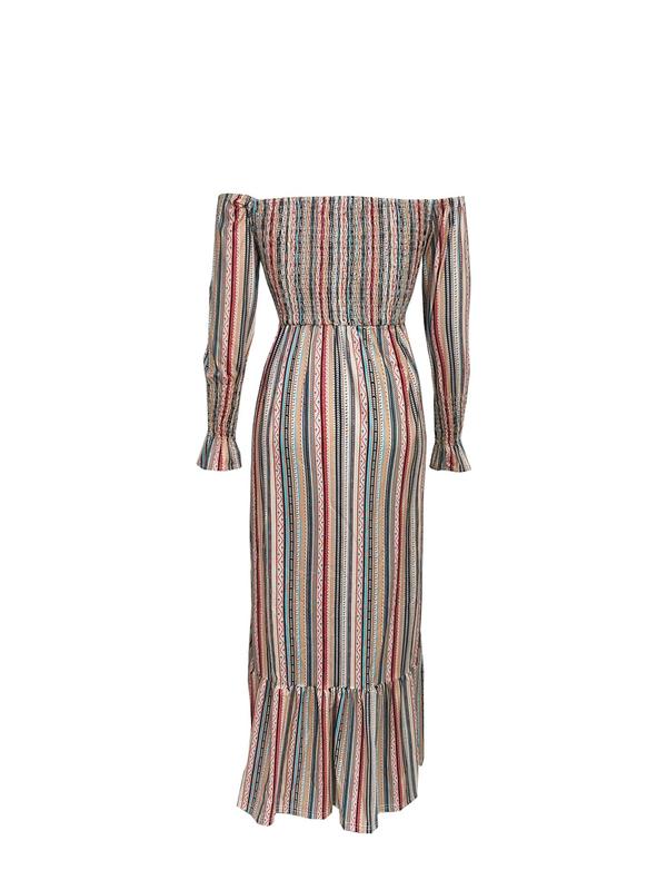 Women's Striped Print Off Shoulder Shirred Ruffle A Line Dress, Boho Flounce  Sleeve Maxi Dress for Fall & Winter, Women's Clothing for Daily Wear