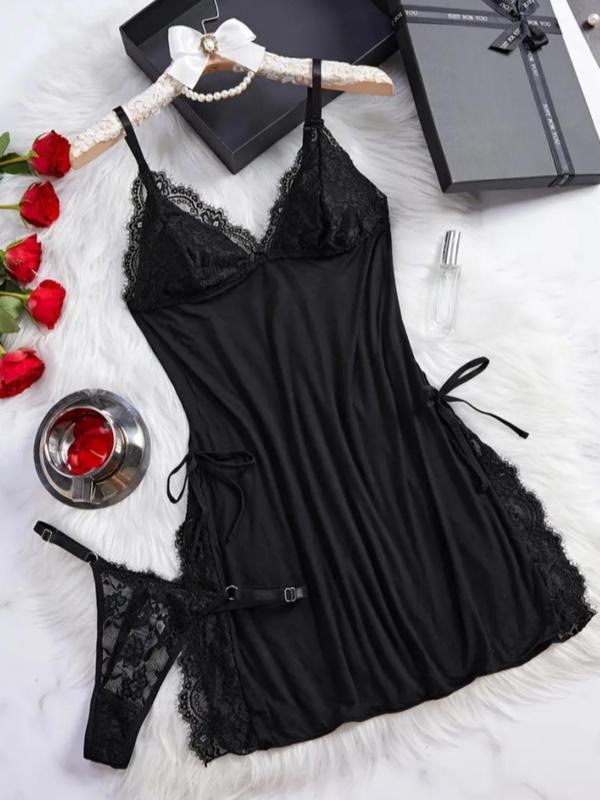 Women's Contrast Lace Split Hem Cami Nightdress & Thong Two-piece Set, Elegant Adjustable Spaghetti Strap Bow Decor Nightgown & Thong Set, Ladies Sleepwear for All Seasons