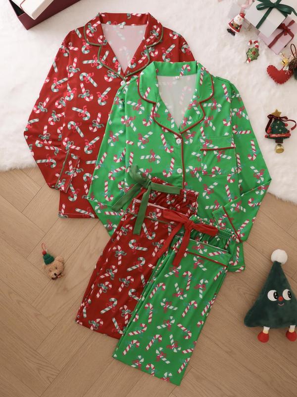 Women's All Over Candy Cane Print Pajama Two-Piece Set, Casual Comfy Lapel Neck Long Sleeve Top & Pants PJ Set, Women's Sleepwear for Spring & Fall