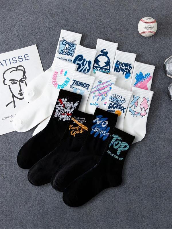 Women's Random Letter Graffiti Print Crew Socks, 10 Pairs Casual Moisture Wicking Socks, Soft Comfy Breathable Socks for All Seasons Daily Wear