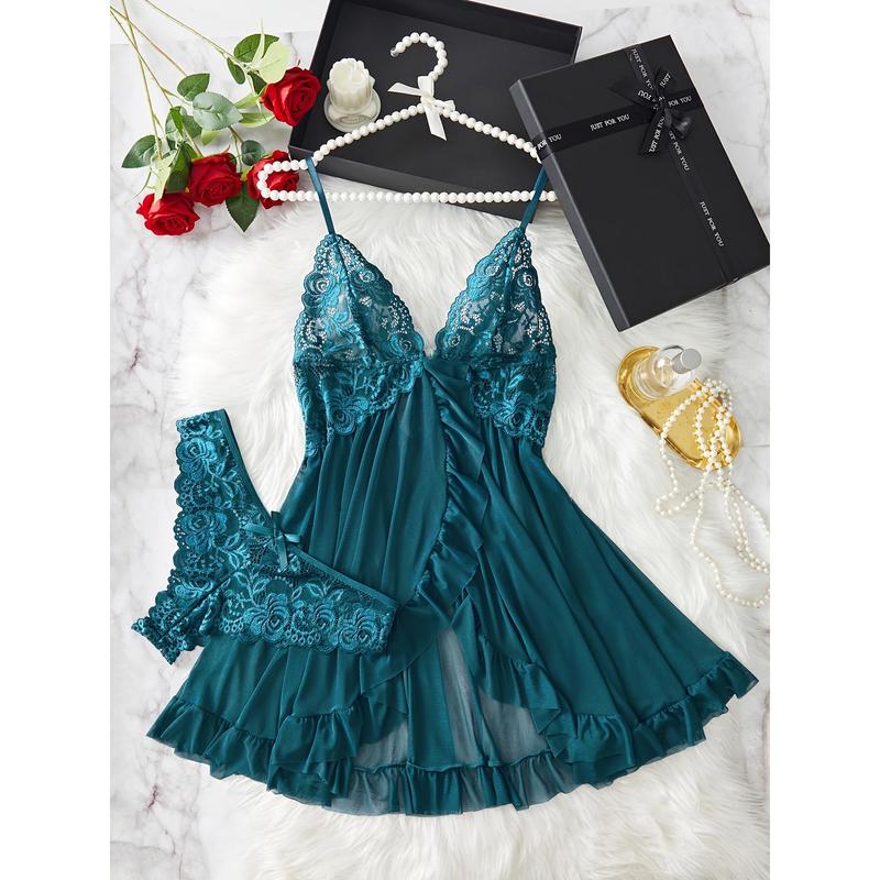 Contrast Color Lace Ruffle Underwear Suit, Deep V Strap Dress and T-Back, Lady Sexy Underwear and Underwear