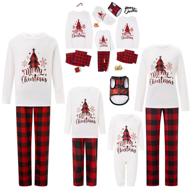 New Christmas Pajamas For Family Tree Letter Plaid Print Holiday Pajamas Sleepwear