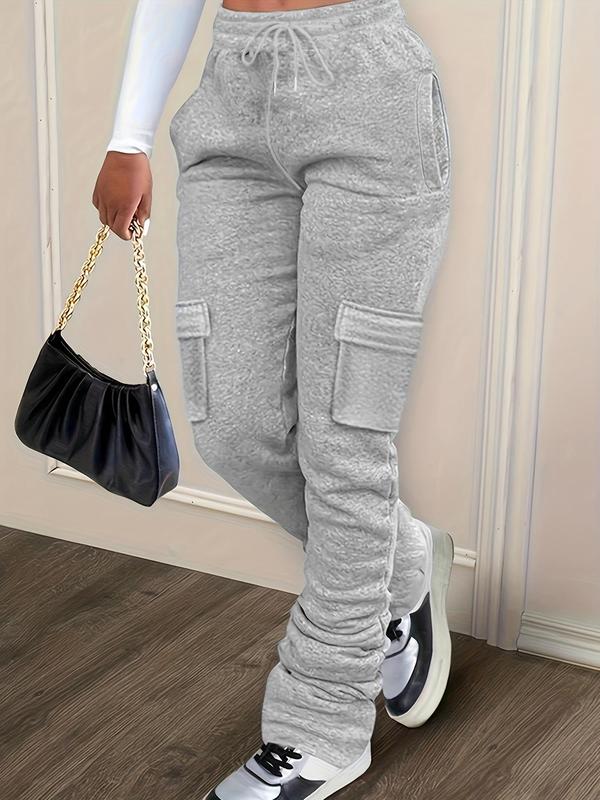 Women's Plain Flap Pocket Drawstring Waist Cargo Pants, Casual Street High Waist Sweatpants For Daily Wear, Ladies Bottoms For All Seasons