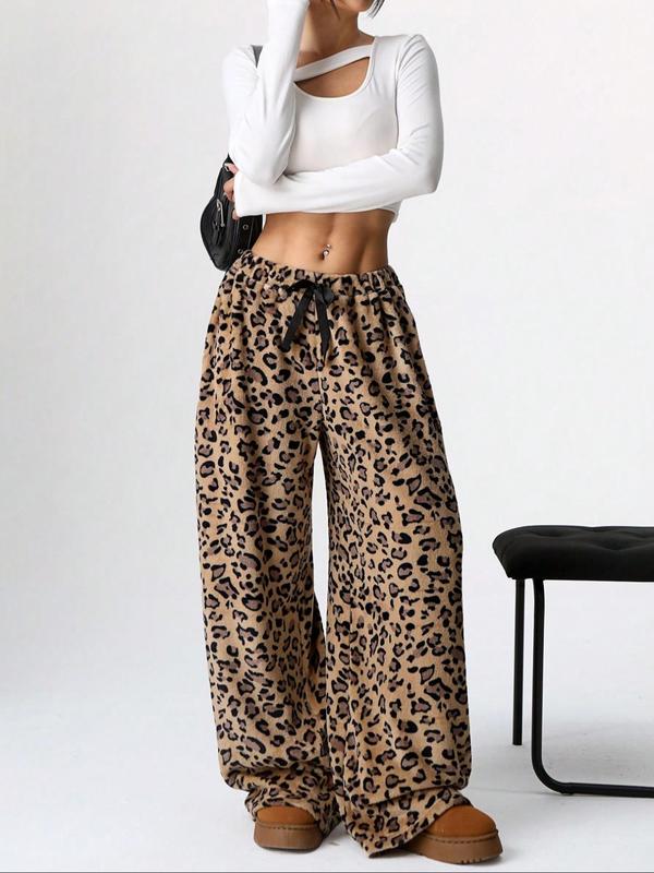 Women's Leopard Print Bow Decor Plush Straight Leg Pants, Casual Comfy Elastic Waist Trousers for Daily Wear, Ladies Bottoms for Fall & Winter