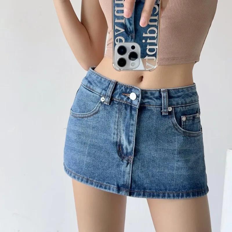 HOUZHOU Y2k Denim Mini Skirt for Women Summer 2024 Sexy Vintage Low Waist Slim Micro Jeans Skirt Korean Style Skort Streetwear