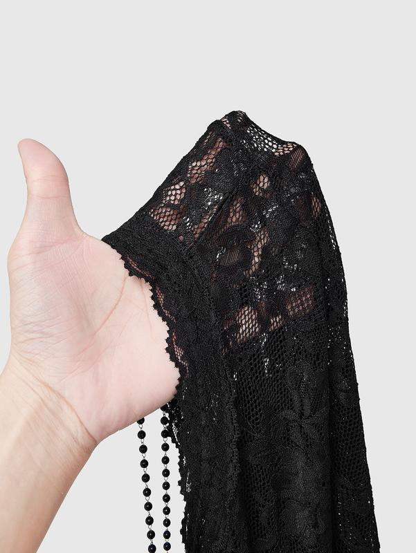 ROMWE Goth Cross Bead Decorated V-Neck Flare Sleeve Lace Bodysuit