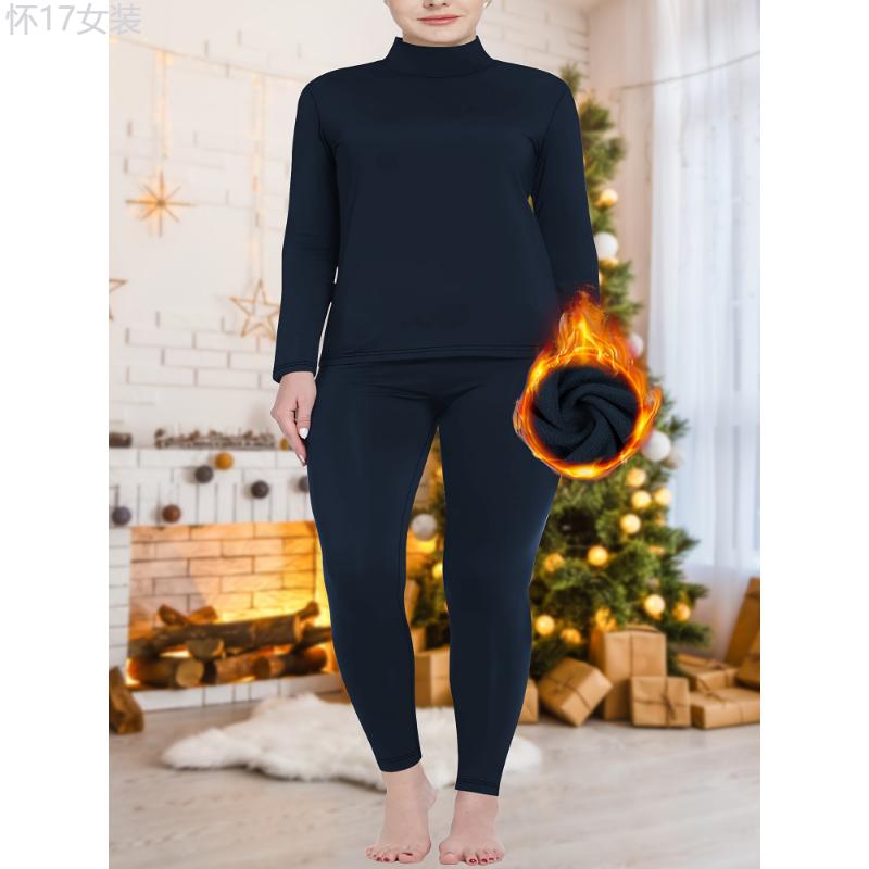 Plus Size Women's Thermal Underwear Set - High Neck Plush Lined Long Sleeve Top & Solid Color Tights For Fall & Winter