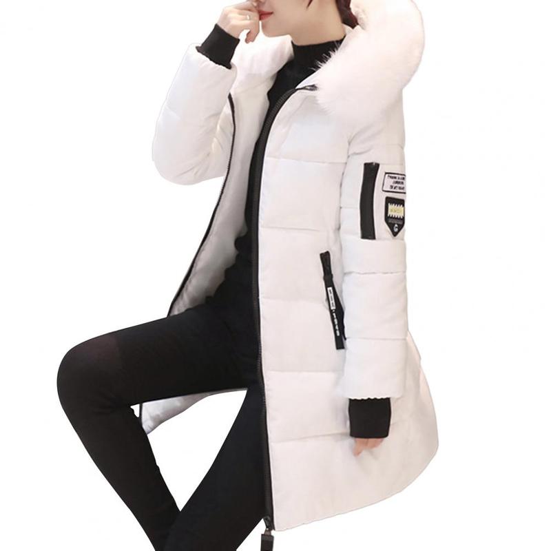 Women Winter Cotton Coat Hooded Mid Length Outerwear Windproof Warm Long Sleeve Jacket Solid Color Slim Fit Lady Down Coat