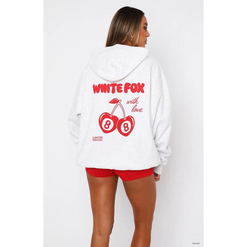 Cherry White Fox Hoodie Trendy Pull Over Sweatshirt