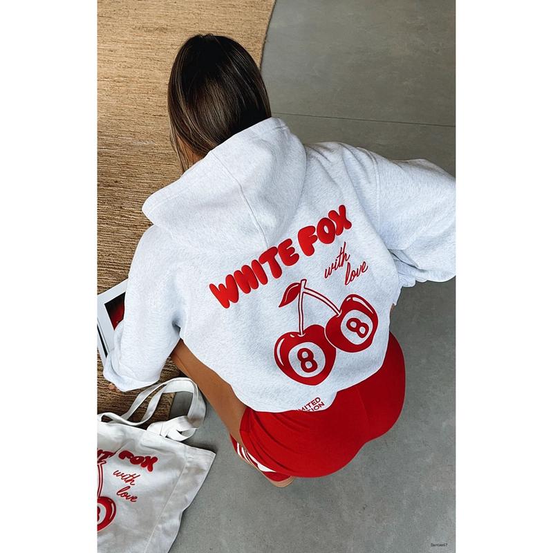 Cherry White Fox Hoodie Trendy Pull Over Sweatshirt