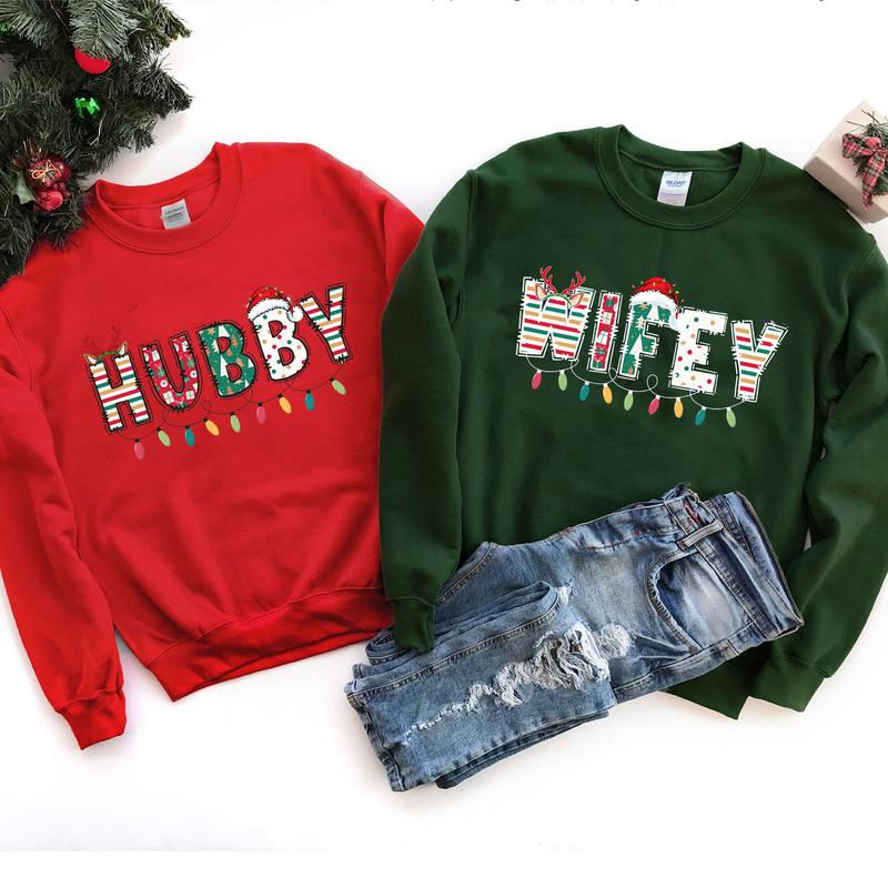 Hubby Wifey Christmas Shirt, Couple Christmas Sweatshirt, Christmas Wife and Husband Clothing T-shirt, Xmas Family Matching Tee Smooth