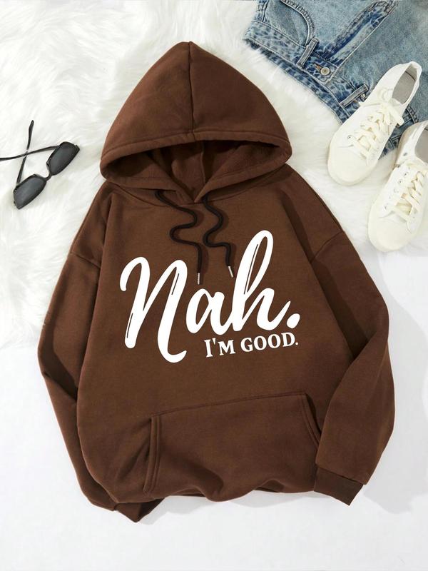 Womenswear Letter Print Longsleeves Pocket Drawstring Hoodie, Drop Shoulder Long Sleeve Hooded Sweatshirt for Daily Wear, Popular Hoodie, Comfortable Soft Womenswear