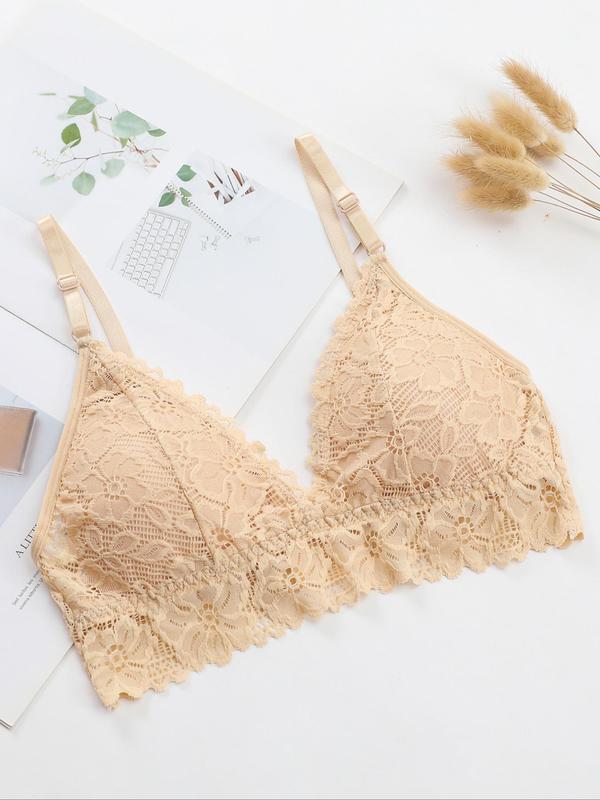 Women's Plain Scallop Trim Hook and Eye Lace Bra, Casual Comfortable Adjustable Strap Wireless Lingerie for Daily Wear, Soft Breathable Underwear for All Seasons