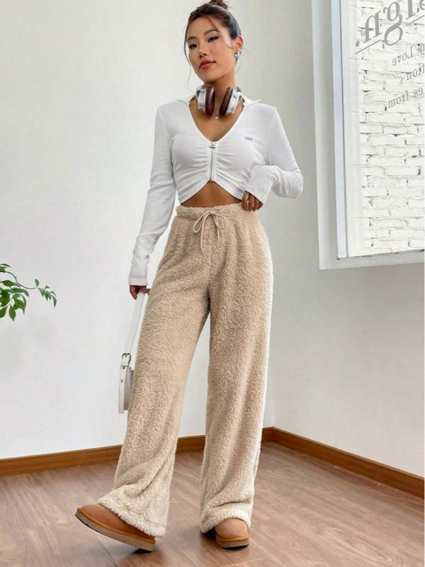 Women's Solid Drawstring Waist Plush Straight Leg Pants, Casual Comfy Warm Trousers for Fall & Winter, Women's Bottoms for Daily Wear